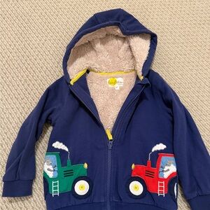Baby Boden Blue Hoodie with Tractor Appliqué